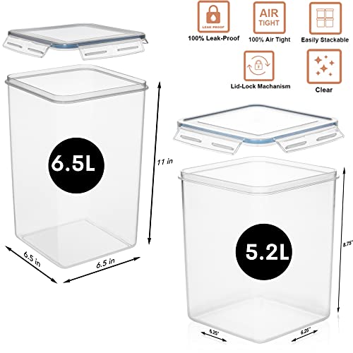  XXL 6.5L / 250 Oz X 2 & XL 5.2L / 175 Oz X 2 - WIDE & DEEP Food Storage Airtight Containers [Set Of 4] + Free 4 Measuring Cups + Labels - Ideal For Sugar, Flour Leakproof BPA Free Clear Plastic