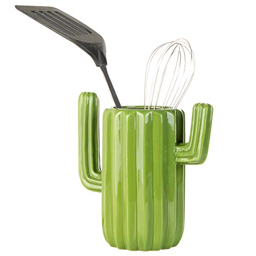  Southwestern Style Green Ceramic Utensil Holder With Cactus Shaped Design, Countertop Utensil Crock Container Kitchen Decor