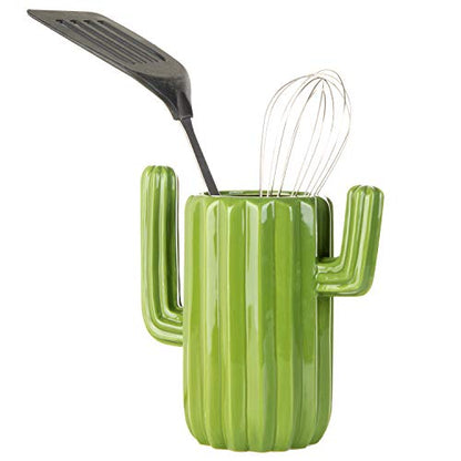  Southwestern Style Green Ceramic Utensil Holder With Cactus Shaped Design, Countertop Utensil Crock Container Kitchen Decor