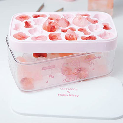  Hello Kitty Ice Cube Tray With Lid Container & Scoop, Easy-Release Silicone & Flexible 24pcs Cute Kitty Ice Cubes For Chingling Cocktail And Milk Tea (Pink)