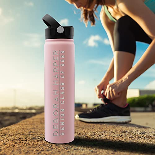  Graduation Gifts, Water Bottle Personalized With Straw Lid - 24 Oz - Pink | Custom Water Bottle W Text - Insulated Double Wall - High School, College, Class Of 2023 | 9 Color - Congrats Grad