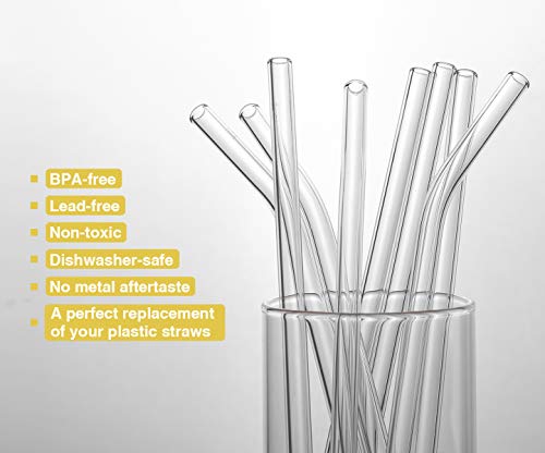  8"x8mm Long Reusable Glass Straws, Clear Drinking Straws For Smoothie, Milkshakes, Tea, Juice-12 Pack Including 6 Straight And 6 Bent With 2 Cleaning Brush, Perfect For Hot Or Cold Drinks