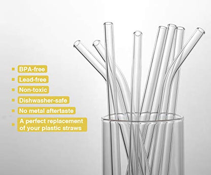  8"x8mm Long Reusable Glass Straws, Clear Drinking Straws For Smoothie, Milkshakes, Tea, Juice-12 Pack Including 6 Straight And 6 Bent With 2 Cleaning Brush, Perfect For Hot Or Cold Drinks