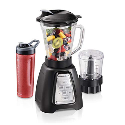 Hamilton Beach Der And Food Processor Combo With Auto Programs For Smoothie And Ice Crush, Blend-In Portable Travel Cup, 52oz Glass Jar & 3 Cup Food Chopper, 950 Watts, Black (58242)