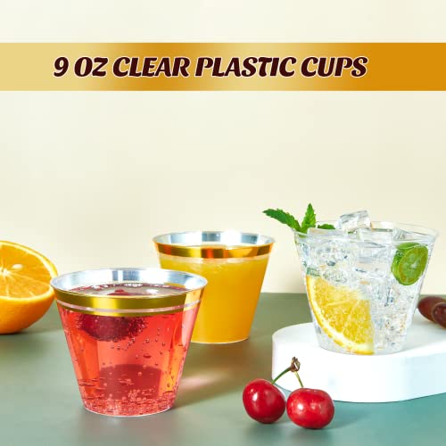  100 Pack 9 OZ Clear Plastic Cups, Hard Clear Disposable Plastic Cups, Bulk Plastic Tumblers Cups For Wedding, Thanksgiving, Halloween, Christmas Party