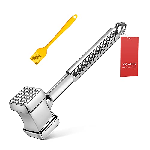  Meat Hammer, Premium Stainless Steel Meat Tenderizer Tool, Meat Pounder Mallet + Silicone Basting Brush For Tenderizing Steak, Beef And Poultry, Heavy Duty Sturdy, Non-Slip Handle, Dual-Sided
