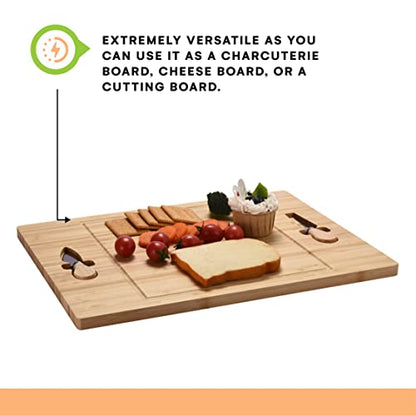  Bamboo Wooden Cheese Board With Knife & Fork Set - Charcuterie Board, Cheeseboard Knife Utensil Set - Wooden Serving Tray Platter - Ideal Wedding Or Housewarming Gift