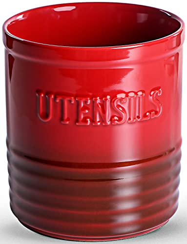  Kitchen Utensil Holder, Ceramic Utensil Crock Organizer For Countertop, H 7"x W6" Large Cooking Utensil Holder With Anti-slip Cork Bottom For Home Décor, Christmas Red