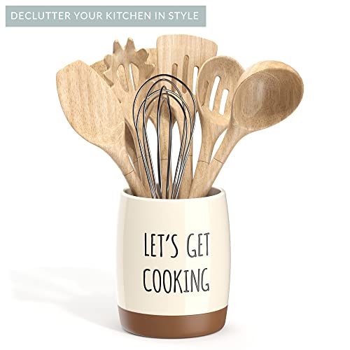  Ceramic Farmhouse Kitchen Utensil Holder For Countertop, Decorative Kitchen Utensil Holder, Large Kitchen Utensil Holder For Kitchen Counter, Utensil Crock Spatula Holder, 6.5" Cream
