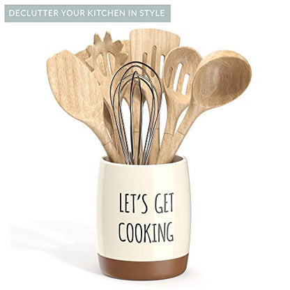 Ceramic Farmhouse Kitchen Utensil Holder For Countertop, Decorative Kitchen Utensil Holder, Large Kitchen Utensil Holder For Kitchen Counter, Utensil Crock Spatula Holder, 6.5" Cream
