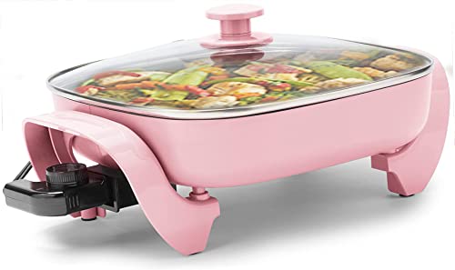  12-inch Nonstick Square Electric Skillet - With Glass Lid, Dishwasher Safe, Pink