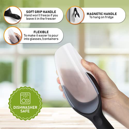  Magnetic Ice Scoop, Contoured Translucent Flexi-Plastic With Soft Grip Handle For Ice, Flour, Rice, Popcorn, Pet Food, Black