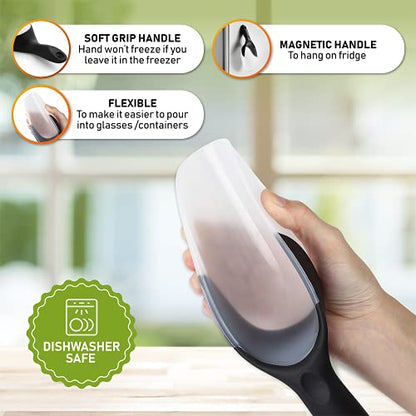  Magnetic Ice Scoop, Contoured Translucent Flexi-Plastic With Soft Grip Handle For Ice, Flour, Rice, Popcorn, Pet Food, Black