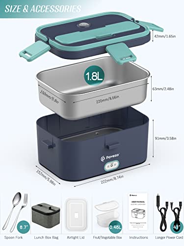  Electric Lunch Box [Faster-75W, Large-1.8L] Food Heated Lunch Box, 12V/24V/110V Food Warmer Lunch Box For Car Truck Home, With Airtight Lid, SS Container, Fork Spoon, Carry Bag