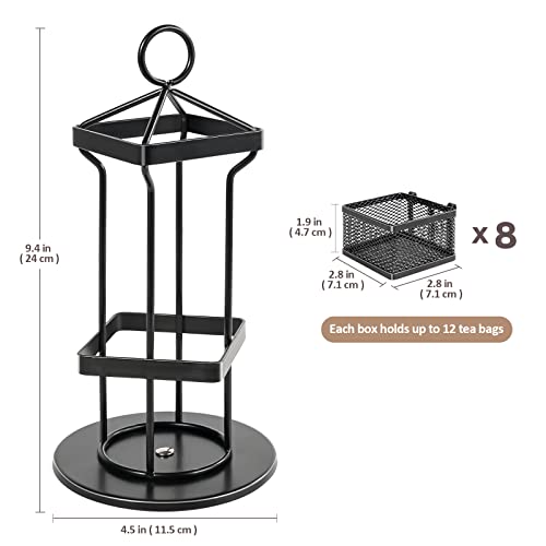  Tea Bag Organizer Storage Holder 360-Degrees Spinning Carousel, 8 Compartments, TeaBags Display Rack With Lazy Susan Platform For Kitchen Home Office Coffee Bar Station Pantry Counter -Black