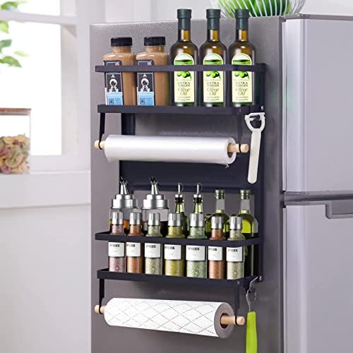 XIAPIA Magnetic Fridge Organizer Spice Rack With Paper Towel Holder And 5 Extra Hooks | 3 Tier Magnet Refrigerator Shelf In Kitchen Holds Up To 45 LBS | 16x12x4 Inch Black