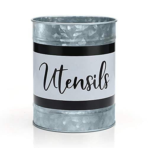  Kitchen Utensil Holder - Farmhouse Crock For Countertop Utensils, Black & White
