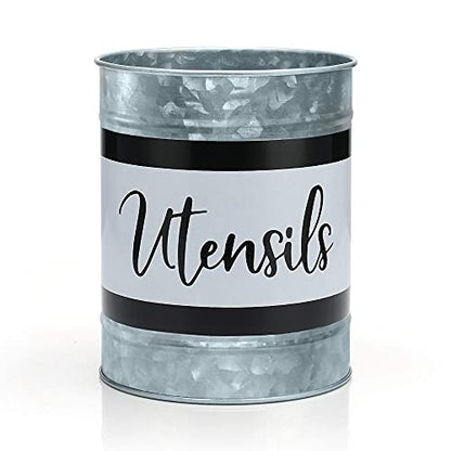  Kitchen Utensil Holder - Farmhouse Crock For Countertop Utensils, Black & White