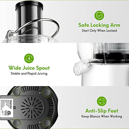  650W 3 Speeds Juicer Machines Vegetable And Fruit, Healnitor Centrifugal Juice Extractor With Big Mouth 3” Feed Chute, Easy To Clean, BPA-Free Compact Centrifugal Juice Maker, White