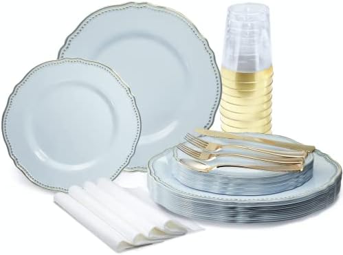  " OCCASIONS " 120 Plates Pack,(60 Guests) Heavyweight Premium Wedding Party Disposable Plastic Plates Set -60 X 10.25'' Dinner + 60 X 7.5'' Salad/Dessert (Rochelle Seafoam/Mint And Gold))
