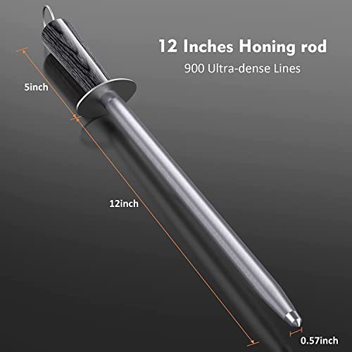  Knife Sharpener Rod,12" Honing Rod Commercial Grade Knife Sharpening Steel Rod Adopt 66HRC Hard Alloy Steel Material With Rosewood Handle For Kitchen Knives And Hunting Blade Sharpening