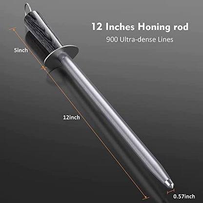  Knife Sharpener Rod,12" Honing Rod Commercial Grade Knife Sharpening Steel Rod Adopt 66HRC Hard Alloy Steel Material With Rosewood Handle For Kitchen Knives And Hunting Blade Sharpening