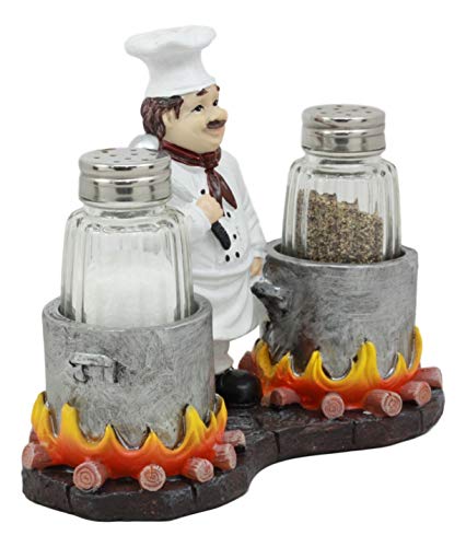  Bouillon French Chef Jean With Flaming Double Cauldron Pots Salt And Pepper Shakers Holder Figurine For Kitchen Dining Table Hosting Spice Rack Accessories Gift Ideas For Women Men Chefs Cooks
