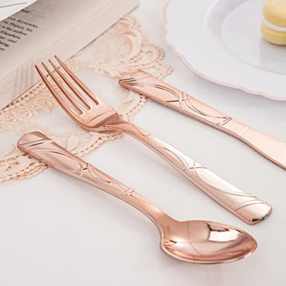  120 PCS Rose Gold Disposable Silverware, Rose Gold Cutlery Includes: 40 Rose Gold Plastic Forks, 40 Rose Gold Plastic Knives, 40 Rose Gold Plastic Spoons, Plastic Silverware For Parties