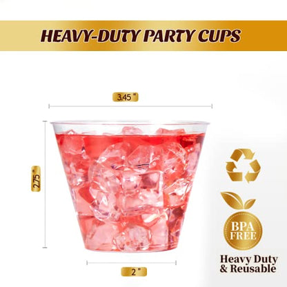  100 Pack 9 OZ Clear Plastic Cups, Hard Clear Disposable Plastic Cups, Bulk Plastic Tumblers Cups For Wedding, Thanksgiving, Halloween, Christmas Party