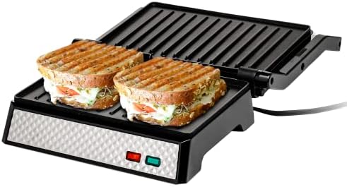  Vente Electric Panini Press Grill And Sandwich Maker With Nonstick Coated Plates, Opens 180 Degrees For Any Food, 1000W Thermostat Control Removable Drip Tray And Easy To Clean Grids, Silver GP0540BR