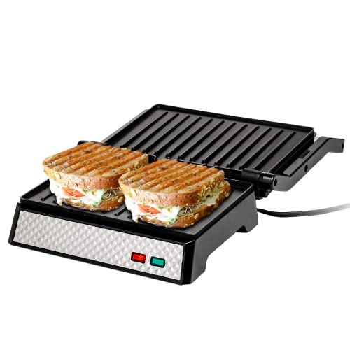  Vente Electric Panini Press Grill And Sandwich Maker With Nonstick Coated Plates, Opens 180 Degrees For Any Food, 1000W Thermostat Control Removable Drip Tray And Easy To Clean Grids, Silver GP0540BR