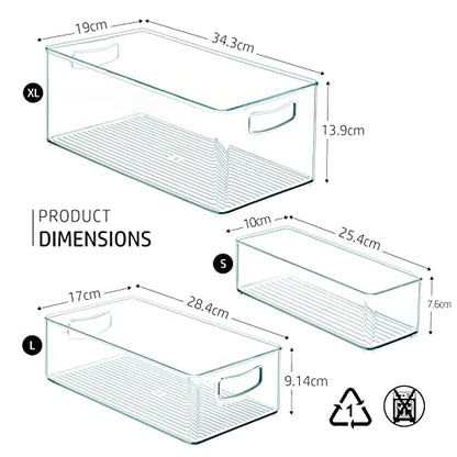 8 PACK Stackable Pantry Organizer Bins (3 Sizes) - Clear Fridge Organizers For Kitchen, Freezer, Countertops, Cabinets - Plastic Food Storage Container With Handles For Home And Office