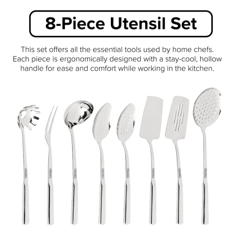  304 Stainless Steel Kitchen Utensil Set, 8 Piece, Ergonomic Stay-Cool Handles, Dishwasher Safe, Silver