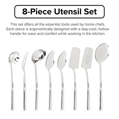  304 Stainless Steel Kitchen Utensil Set, 8 Piece, Ergonomic Stay-Cool Handles, Dishwasher Safe, Silver