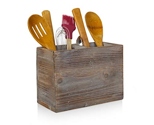  Rustic Kitchen Utensil Holder With 2 Compartments | Torched Wood Utensil Organizer | For Cutlery, Napkins, Cups & More | Large Vintage Countertop Caddy Box | Size: 7 X 9.5 X 4.7” Inch