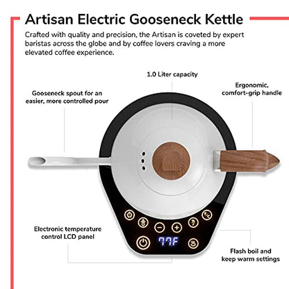  Artisan Electric Gooseneck Kettle, 1 Liter, For Pour Over Coffee, Brewing Tea, LCD Panel, Precise Digital Temperature Selection, Flash Boil And Keep Warm Settings (Pearl All White)