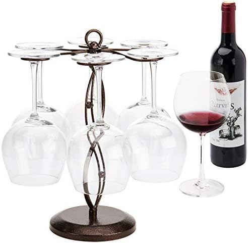  MyGift Black Metal Countertop Wine Glass Holder With Scrollwork Design, Freestanding Tabletop Stemware Storage Rack With 6 Hooks