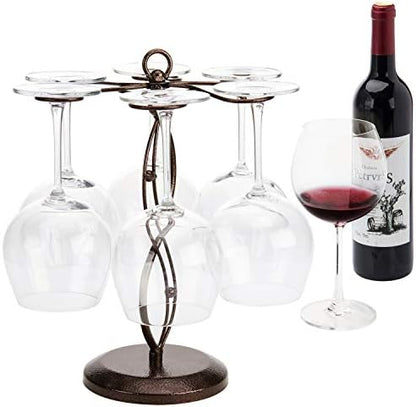  MyGift Black Metal Countertop Wine Glass Holder With Scrollwork Design, Freestanding Tabletop Stemware Storage Rack With 6 Hooks