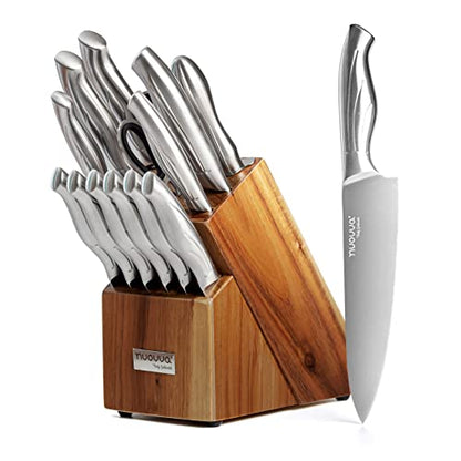  Kitchen Knife Block Set – 14-Piece Knife Set With Hardwood Block – Stainless Steel Blades – Hollow Knife Set For Chopping, Slicing, Dicing