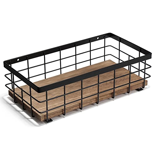  Small Metal Wire Basket, Decorative Wood Base Organizer For Bathroom, Kitchen, Basket For Toilet Paper Storage, Sugar Packet, Coffee Syrup, Guest Towel, Napkin