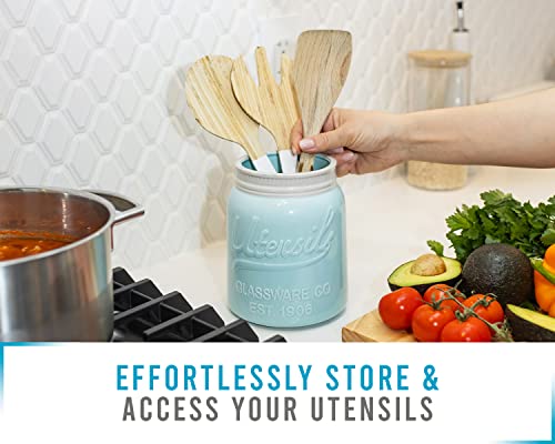  Wide Mouth Mason Jar Utensil Holder Decorative Kitchenware Organizer Crock, Chip Resistant Ceramic, Dishwasher Safe - Kitchen Caddy Aqua Blue For Countertop, Large Size 7" High