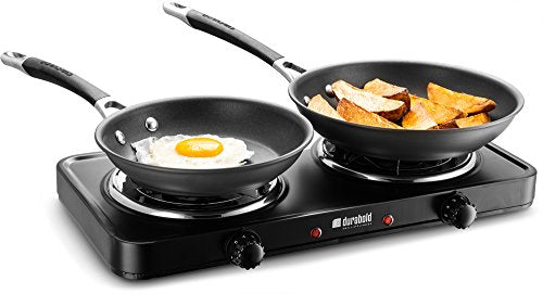  Kitchen Countertop Cast-Iron Double Burner - Stainless Steel Body – Ideal For RV, Small Apartments, Camping, Cookery Demonstrations, Or As An Extra Burner – By Durabold (Black)