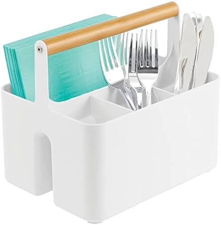  MDesign Plastic Portable Storage Organizer Kitchen Caddy Tote, Divided Bin With Wood Handle For Napkins, Silverware, Forks, Knives, Spoons - Store In Cabinets, Countertops - Charcoal Gray/Natural