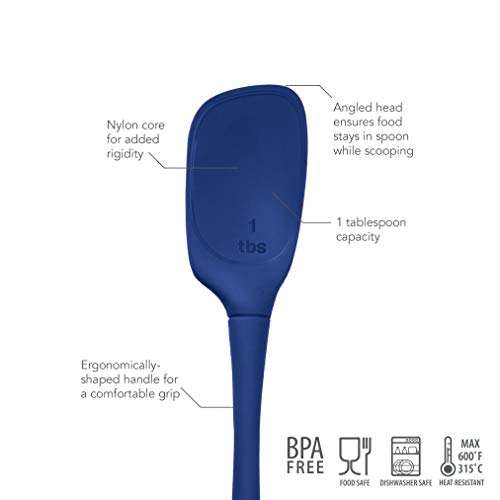  Flex-Core All Silicone Spoon With Angled Head & Measuring Marking Perfect For Cooking & Baking, Heat-Resistant & BPA-Free, Dishwasher-Safe, Deep Indigo