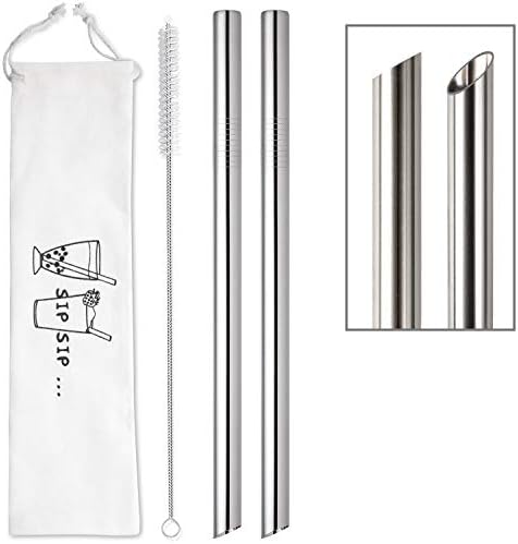  [Angled Tips] 2 Pcs Jumbo Reusable Boba Straws & Smoothie Straws, 0.5" Wide Stainless Steel Straws, Metal Straws For Bubble Tea/Tapioca Pearl, Milkshakes,Smoothies | 1 Cleaning Brush & 1 Case