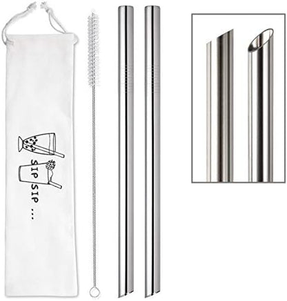  [Angled Tips] 2 Pcs Jumbo Reusable Boba Straws & Smoothie Straws, 0.5" Wide Stainless Steel Straws, Metal Straws For Bubble Tea/Tapioca Pearl, Milkshakes,Smoothies | 1 Cleaning Brush & 1 Case