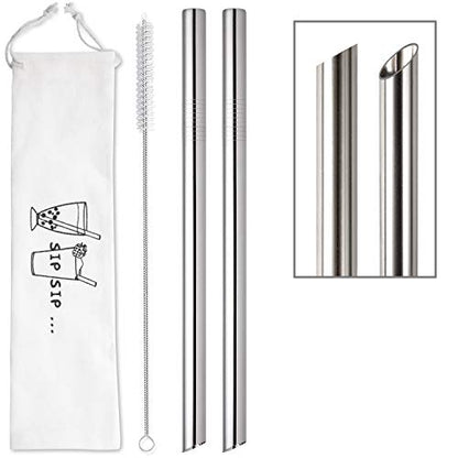  [Angled Tips] 2 Pcs Jumbo Reusable Boba Straws & Smoothie Straws, 0.5" Wide Stainless Steel Straws, Metal Straws For Bubble Tea/Tapioca Pearl, Milkshakes,Smoothies | 1 Cleaning Brush & 1 Case