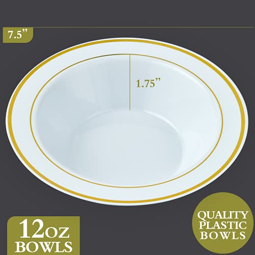  50PCS Plastic Bowls With Gold Rim-12oz Disposable Soup Bowls, Christmas Thanksgiving Premium Dessert Salad Bowls For Wedding/Party