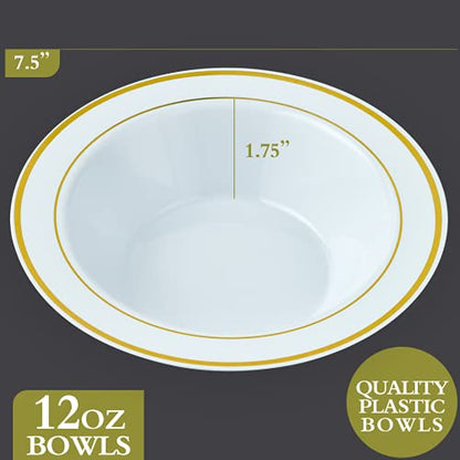  50PCS Plastic Bowls With Gold Rim-12oz Disposable Soup Bowls, Christmas Thanksgiving Premium Dessert Salad Bowls For Wedding/Party