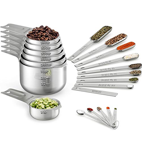 Measuring Cups & Spoons Set Of 21 - Includes 7 Stainless Steel Nesting Measuring Cups, 8 Measuring Spoons, 1 Leveler & 5 Mini Measuring Spoons, Ideal For Dry And Liquid Ingredients